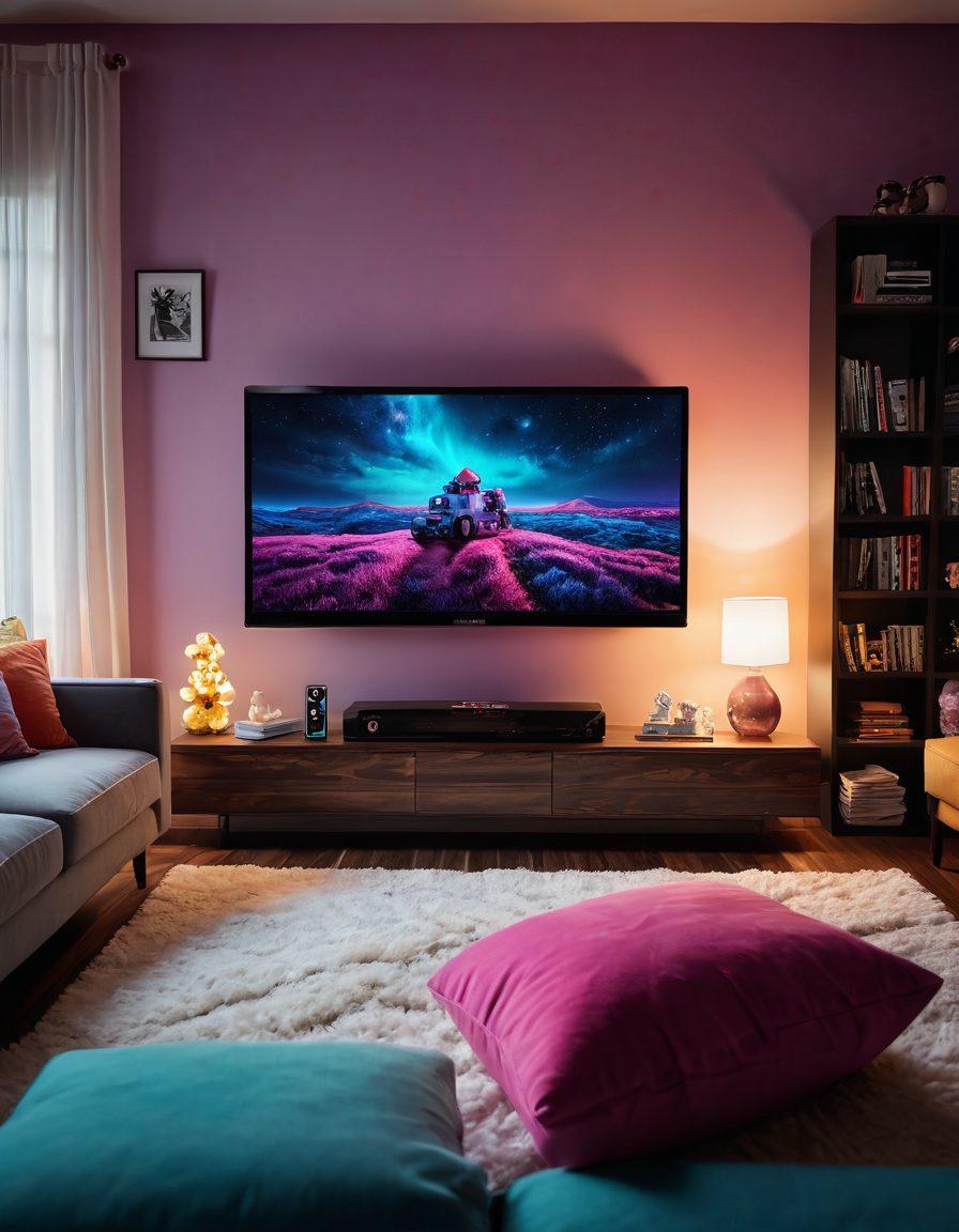 A whimsical and enticing scene featuring a cozy home entertainment setup with a large screen displaying colorful streaming icons for explicit content. Include plush furniture, scattered popcorn, and a dimly lit ambiance that suggests relaxation and escapism. Subtle hints of playful elements like a seductive silhouette or a glowing remote in the foreground add intrigue. Overall, the mood is inviting yet mysterious, perfect for a blog about streaming entertainment. vibrant colors. 3D.