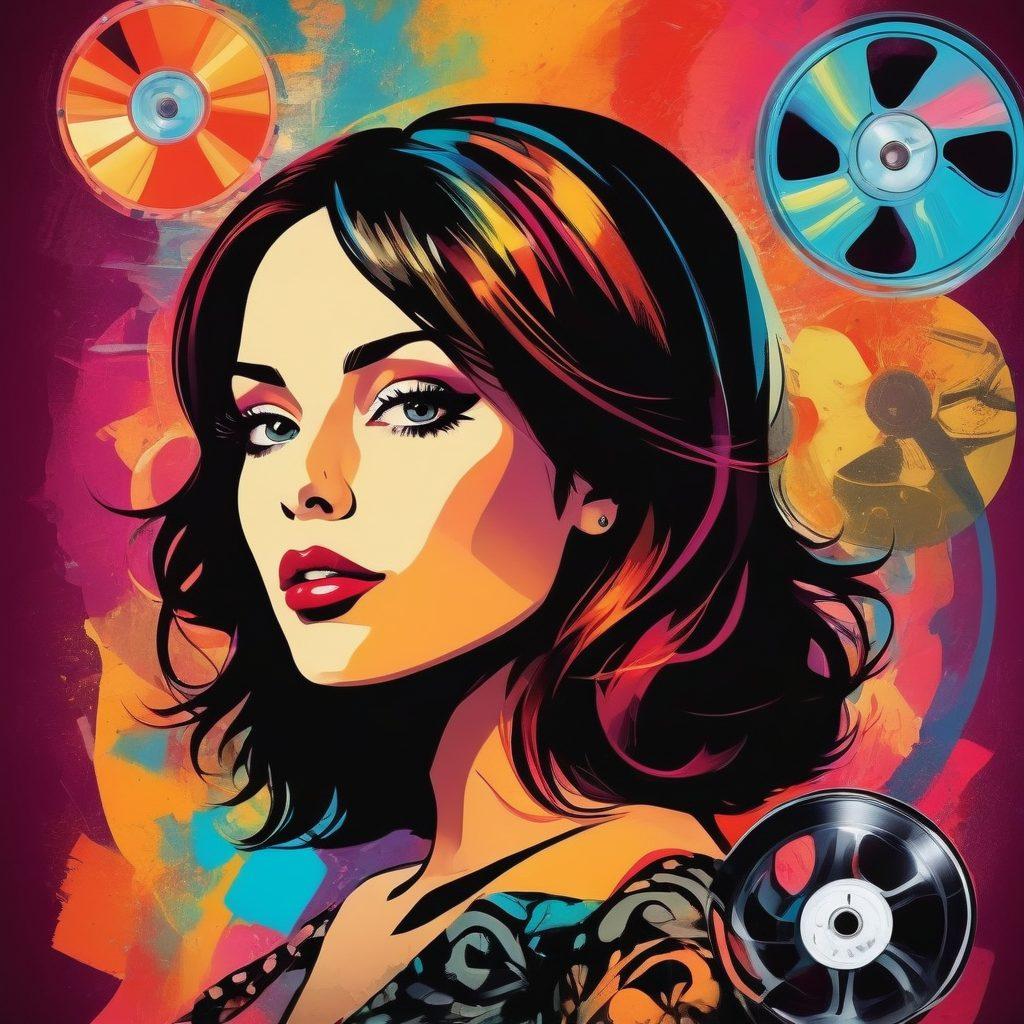 A captivating collage showcasing a vibrant, stylized adult entertainment theme, featuring film reels, playful silhouettes, and colorful abstract shapes symbolizing pleasure and creativity. Soft lighting creates an inviting atmosphere, with subtle hints of glamour and elegance integrated into the design. The backdrop should suggest an intimate setting with abstract elements representing diversity and exploration in adult media. Use vivid colors to draw attention and create a sense of allure. vector art. vibrant colors.